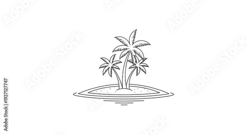 Tropical Island with Multiple Palm Trees and Ocean Outline Line Art, Summer Beach Travel Concept, Isolated White Background.