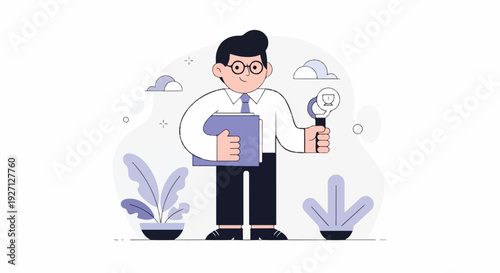 A person in glasses holds a folder and a magnifying glass with a lightbulb symbol