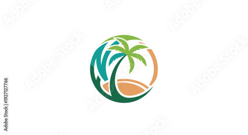 Modern Dynamic Circular Tropical Island Logo Design with Palm Trees and Beach, Isolated White Background