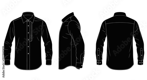 Black Long Sleeve Collared Shirt Flat Fashion Technical Drawing with Side and Back Views, isolated white background