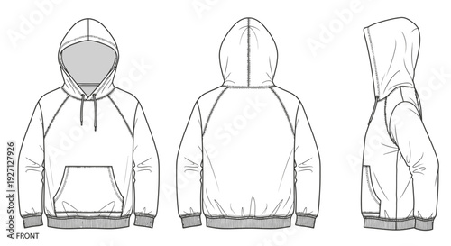 Detailed Hoodie Flat Sketch Outline Drawing, Front, Back, and Side Views, Isolated White Background