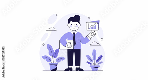 Man with clipboard and chart, two potted plants, clouds, and stars on white background