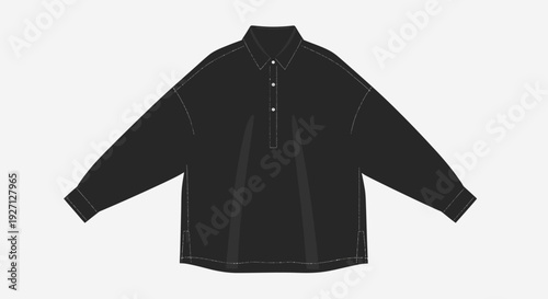 Unisex Black Oversized Long Sleeve Polo Shirt Collar Front View Mockup, Isolated White Background.