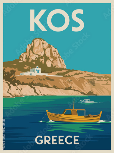 Cuadro en lienzo Kos Greece Coastal poster, bold white text and beige rocky cliff seaside landsca