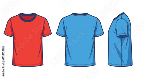Men's Red and Blue Short Sleeve Crew Neck T-shirts Front Back Side View Mockup, Isolated White Background.