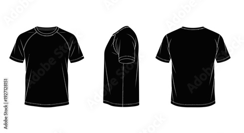 Men's Black Short Sleeve Crew Neck T-shirt Front Side Back View Mockup, Isolated White Background.