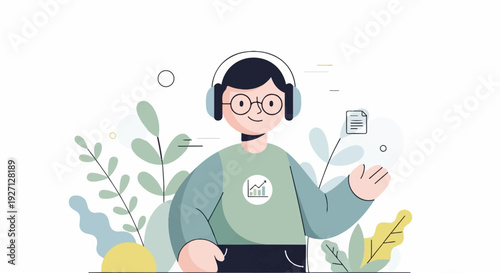 Friendly character in headphones with chart and plants