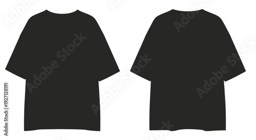 Basic Black Short Sleeve T-Shirt Flat Sketch, Front and Back View, Isolated White Background