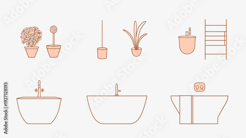 A collection of line art illustrations of bathroom fixtures and plants in a minimalistic style