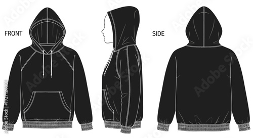 Black Hoodie Technical Fashion Sketch with Ribbed Cuffs and Waistband, Front, Side, and Back Views, isolated white background.