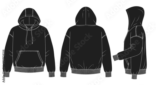Men's Black Long Sleeve Pullover Hoodie Front Back Side View Mockup, Isolated White Background.