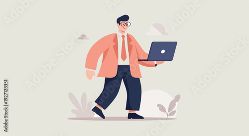 Person walking with a laptop in a simplified, graphic style with muted colors
