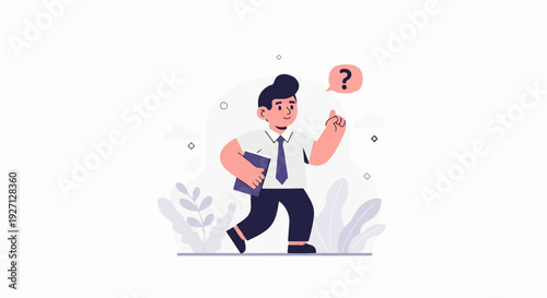 A man in a shirt and tie holds a book, a question mark floats above his head