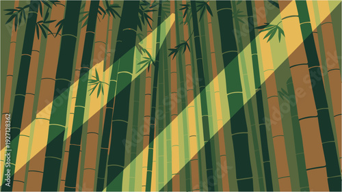 Sunlight rays streaming through tall bamboo forest stems and leaves
