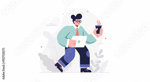 Stylized person walking with laptop and coffee