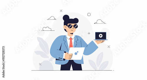 Businessman holding a laptop with a play button and a tablet