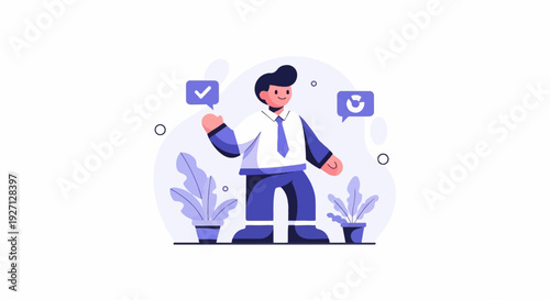 A man in a suit with plants, speech bubbles showing a checkmark and a refresh icon