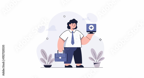 Stylized person in office attire holds a briefcase and laptop with a checkmark