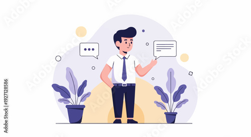 Cheerful man in office attire with plants and speech bubbles