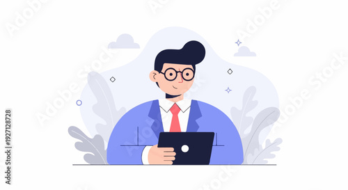 A man in a suit and tie with glasses holds a laptop, surrounded by stylized leaves and clouds