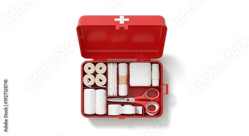 Open red first aid kit filled with medical supplies and bandages on white background