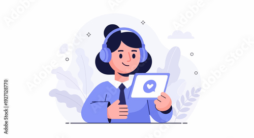 Person in headphones smiling while holding tablet displaying heart in speech bubble