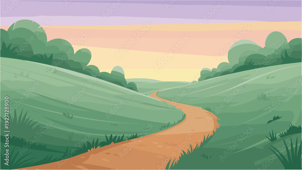 Fototapeta premium Winding dirt road through green rolling hills with bushes under colorful sunset sky cartoon illustration