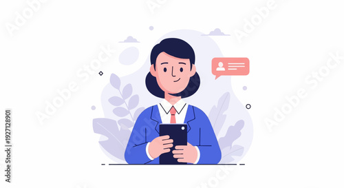 A woman in a blue suit smiles while holding a smartphone, with a chat bubble above her