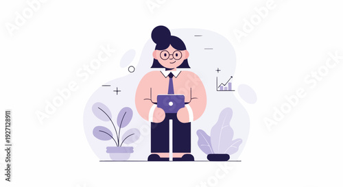 A stylized woman in professional attire holds a laptop, surrounded by plants and data graphics