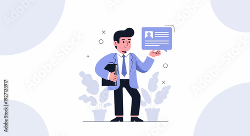 Cartoon man in suit holds a folder and a speech bubble with a profile icon