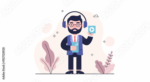 Bearded man in suit and headphones holding a tablet with a play button, surrounded by abstract shapes and plants