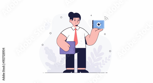 A person in business attire holds a device and folder, representing technology and data