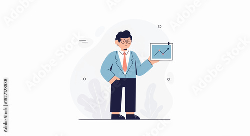 A man in a suit and tie holds a tablet displaying a positive trend graph