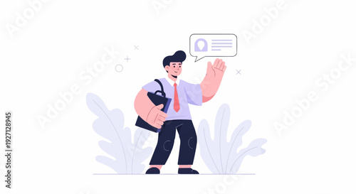 Animated businessman with briefcase waves hello and has a chat bubble