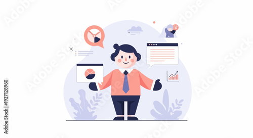 A stylized person presents data with charts, graphs, and informational icons on a light purple background