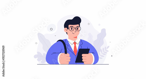 A man in a blue suit, red tie, and glasses holds a tablet, with a bag on his shoulder