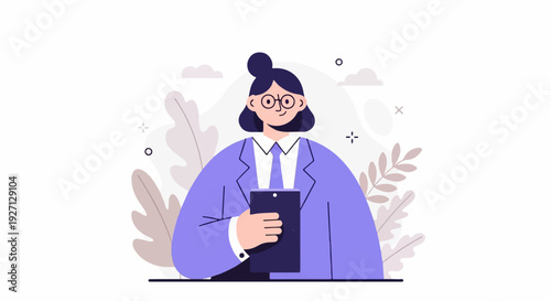 A woman in a suit holds a tablet, with stylized plants and clouds behind her