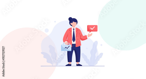 Business professional holding a briefcase and a speech bubble with a checkmark