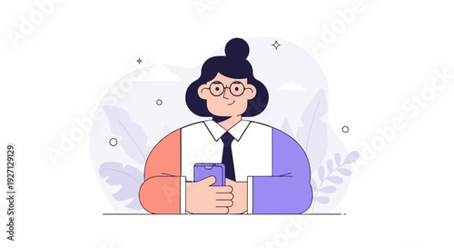 Wallpaper Mural A cartoon woman with a bun, glasses, and a tie holds a phone, with abstract foliage and clouds Torontodigital.ca