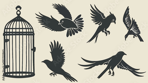 Illustration of a bird cage with stylized birds in flight. Depicting freedom and captivity