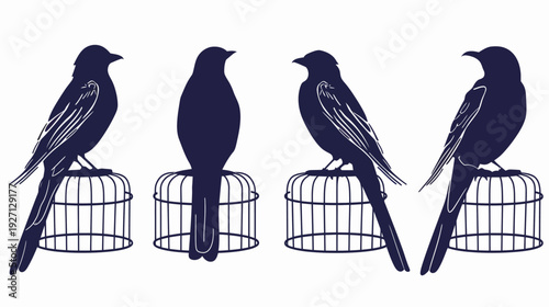 Four silhouettes of birds perched on cages, rendered in a minimalist style against a white background