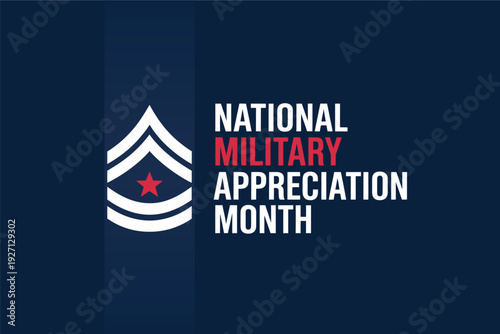 National Military Appreciation Month Poster with Sergeant Rank Insignia and Red Star on Dark Blue Background for Veteran Recognition