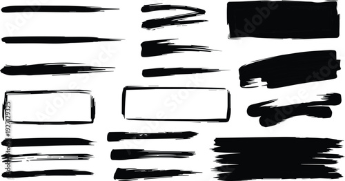 Collection of black brush strokes and shapes on a white background for design and artistic use