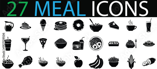 Collection of 27 black and white meal icons