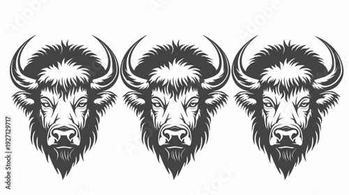 Three stylized grayscale bison heads with detailed shading and symmetrical design on a white background