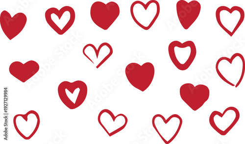 A collection of red and white hearts on a white background for valentine's day or love themed designs and decorations