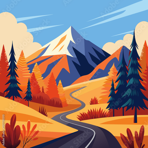 Landscape of mountain empty road in autumn with pines, bushes, orange grass Flat colorful vector illustration