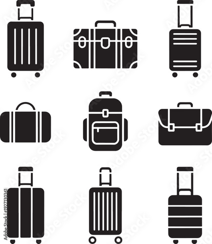 Diverse Travel Luggage Icon Set Modern Black Silhouettes