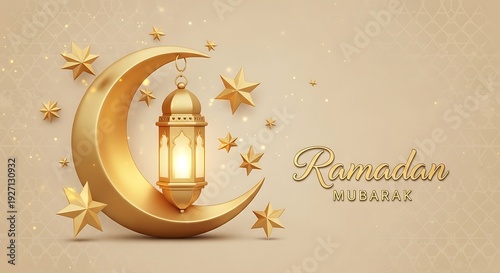 Luxury Golden Crescent Moon with Hanging Lantern – Elegant Ramadan Nights Islamic Background