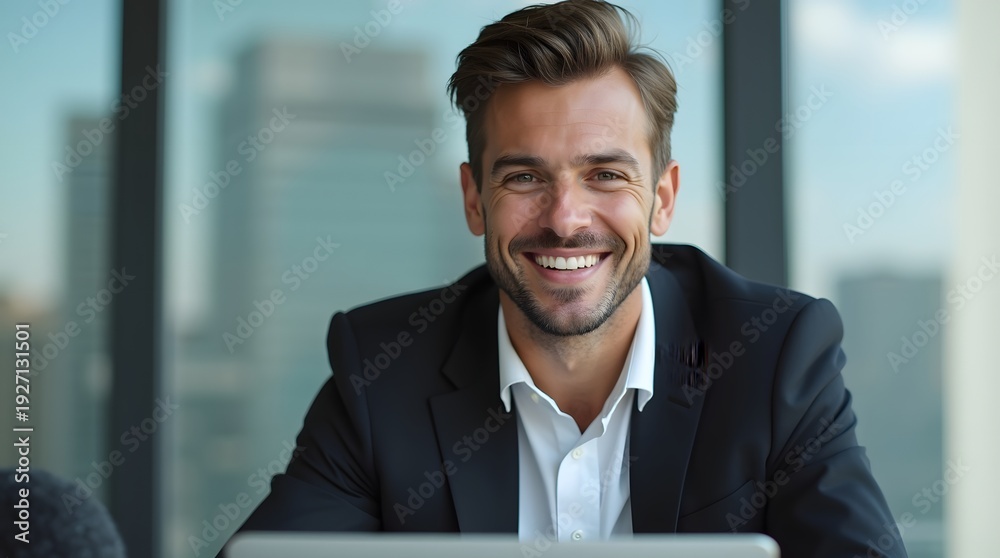 Fototapeta premium Smiling Caucasian man in a suit, exuding confidence while working on a laptop in a modern office setting.